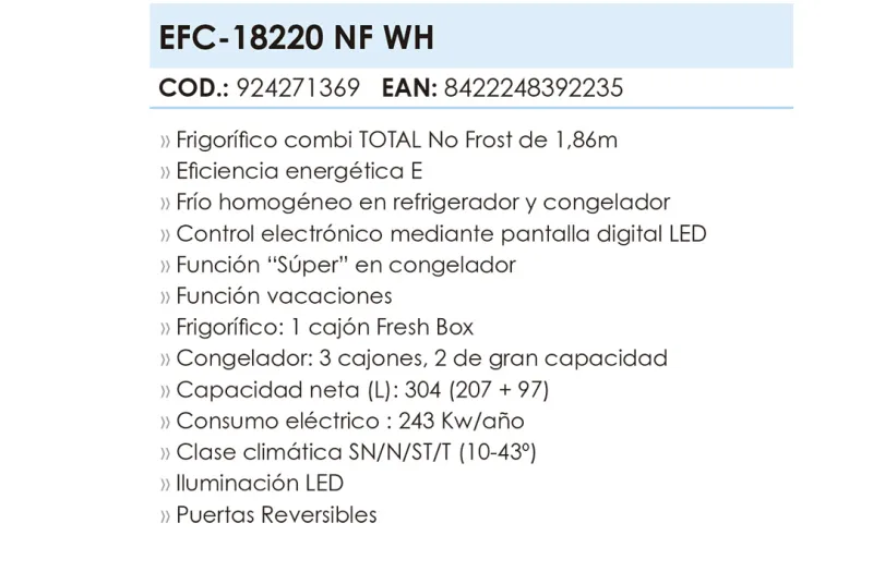 FRIGORIFICO EFC-18220 NF WH ELECTRO. REFERENCIA
