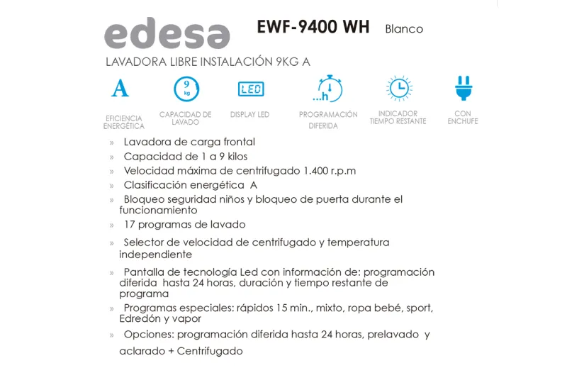 Lavadora EWF-9400 WH Electro - Lavadora de Carga Frontal Blanca