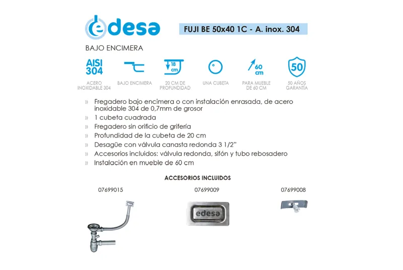 Fregadero Fuji BE 50x40 1C R-80 Electro para Cocina