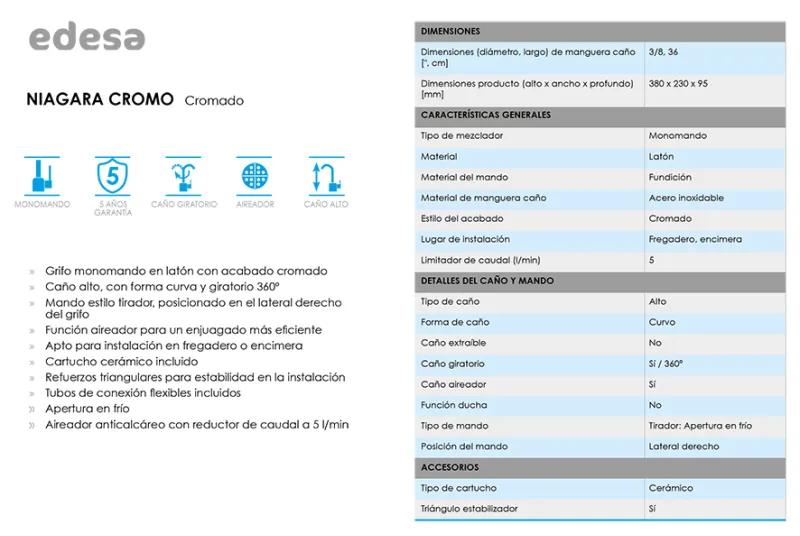 Grifo Niagara Cromo Electro | Grifería de Baño y Accesorio de Mueble