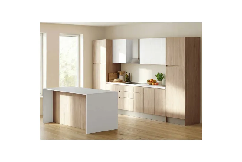 COMPOSICION COCINA 368CM. CON ISLA VINCI TOOP ROBLE AURORA-BLANCO