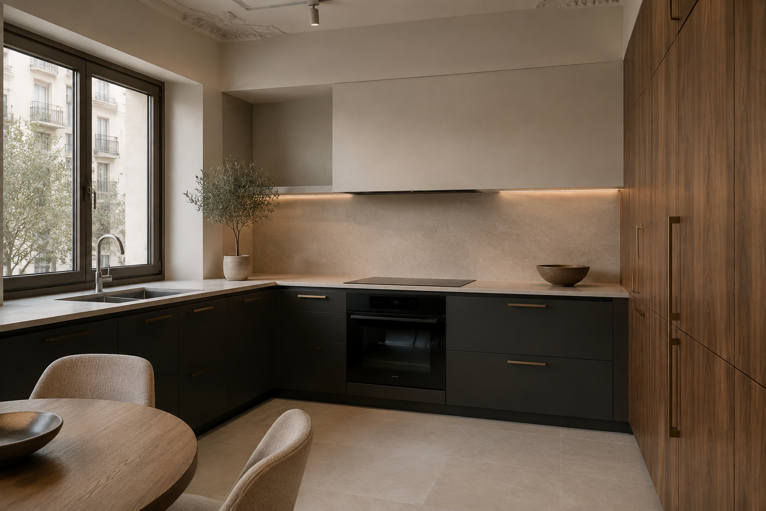 Visualización de cocina con muebles en grafito, madera y tonos cálidos