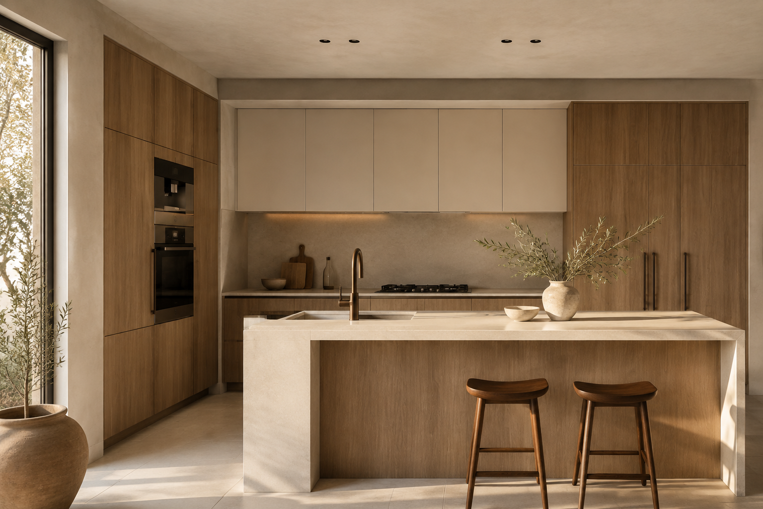Inspiración de cocina con isla, madera y tonos claros
